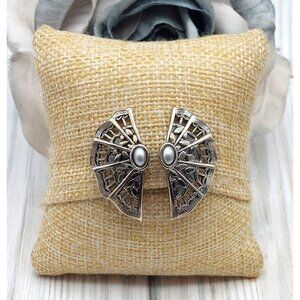 Silver Tone Gunmetal Clip On Filigree Fan Earrings Tiny Faux Pearl 1.3"